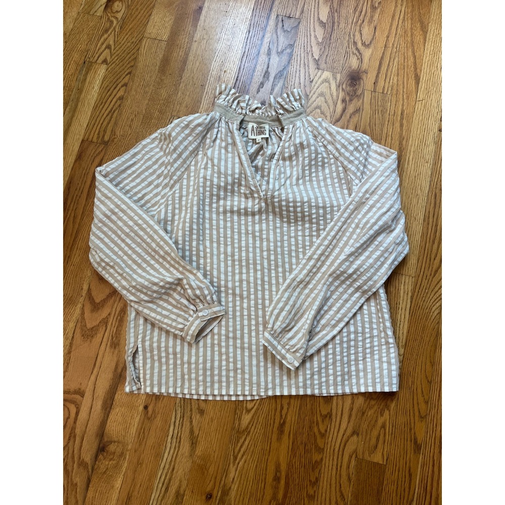 A Shirt Thing Womens Tan White Striped Ruffle Neck Cotton Blouse Size XSP b6